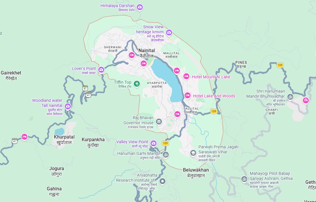 Map of Nainital showing Mallital at the north end of the lake, Tallital at the south end near the bus stand, and the Mall Road stretch between them