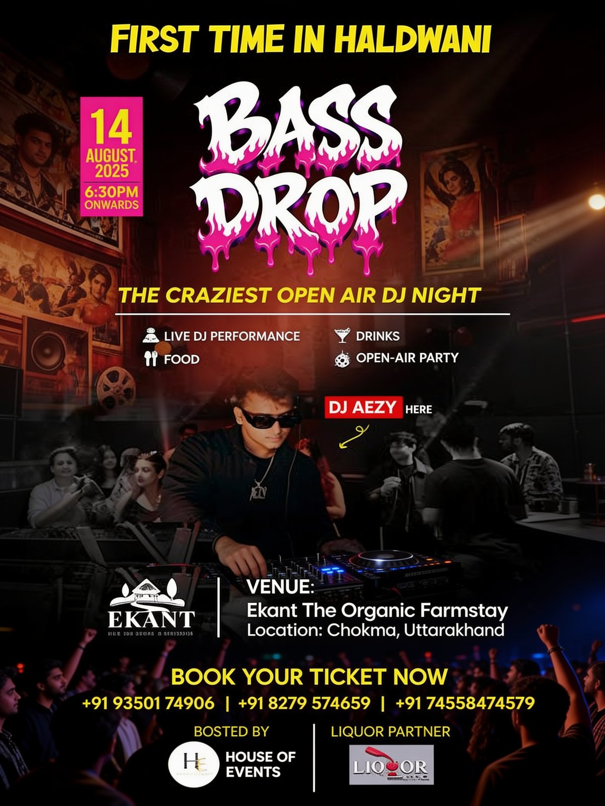 Bass Drop 2026 का पोस्टर: 14 अगस्त को हल्द्वानी के Ekant The Organic Farmstay में DJ Aezy के साथ ओपन-एयर DJ नाइट, House of Events द्वारा