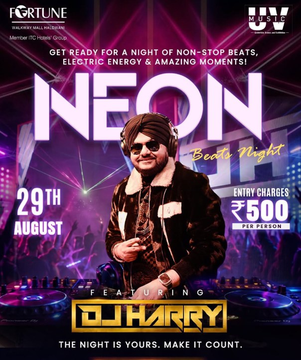 Neon Beats Night poster: DJ Harry on 29 August at Fortune Park Walkway Mall, Haldwani, entry Rs 500 per person